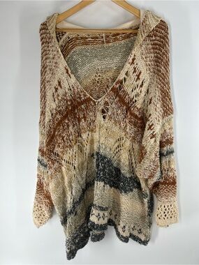 Free People Open Knit V-Neck Sweater - Rust, Cream & Black